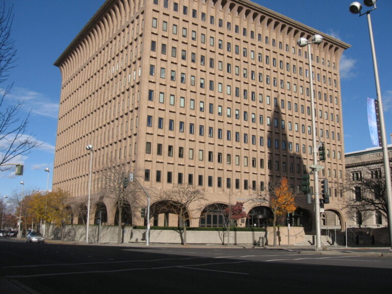 Street view of office building nine stories tall