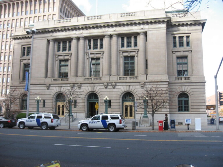 Street view of historic government office building