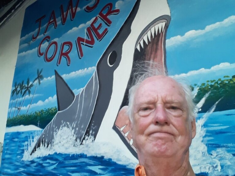 Man's head in the jaws of painted shark.