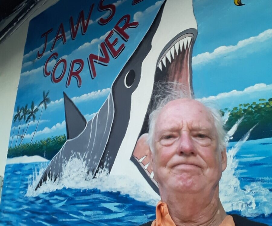 Man's head in the jaws of painted shark.