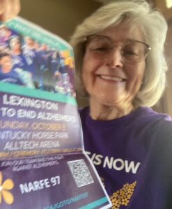 Picture of Paula Bayer, Chapter Alzheimers Walk co-captain, participating in the walk from home on her rolling walker!