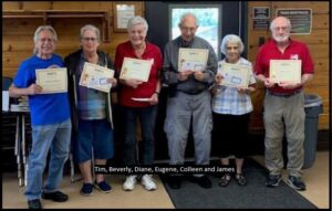 A picture from August 5, 2023 showing NARFE Chapter 0124 Distinguished Member Award recipients standing in front of a knotty pine wall. Our six members pictured are Tim, Beverly, Diane, Eugene, Collen and James.