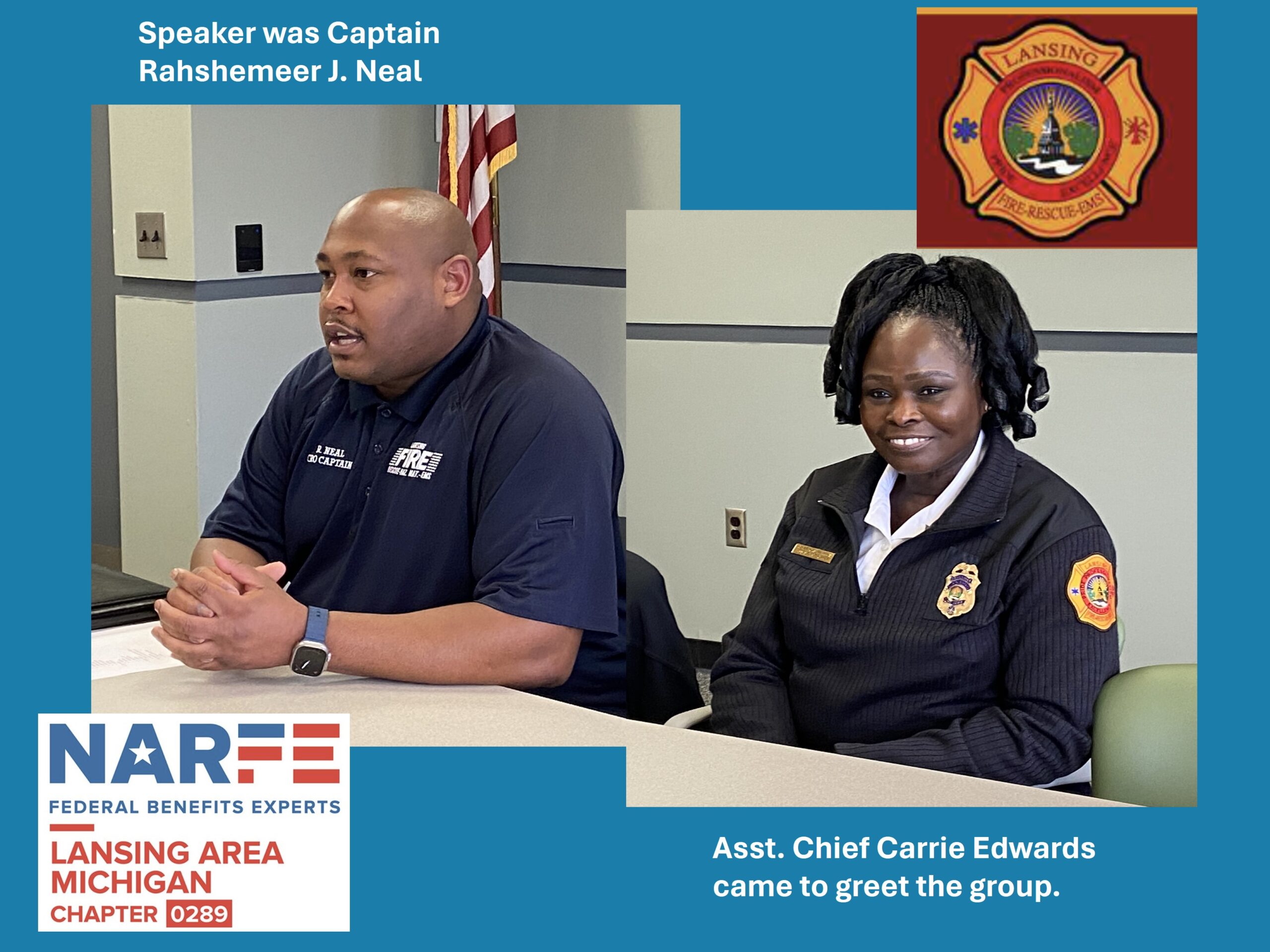 Speakers from Lansing Fire Department sitting at the front of the room.