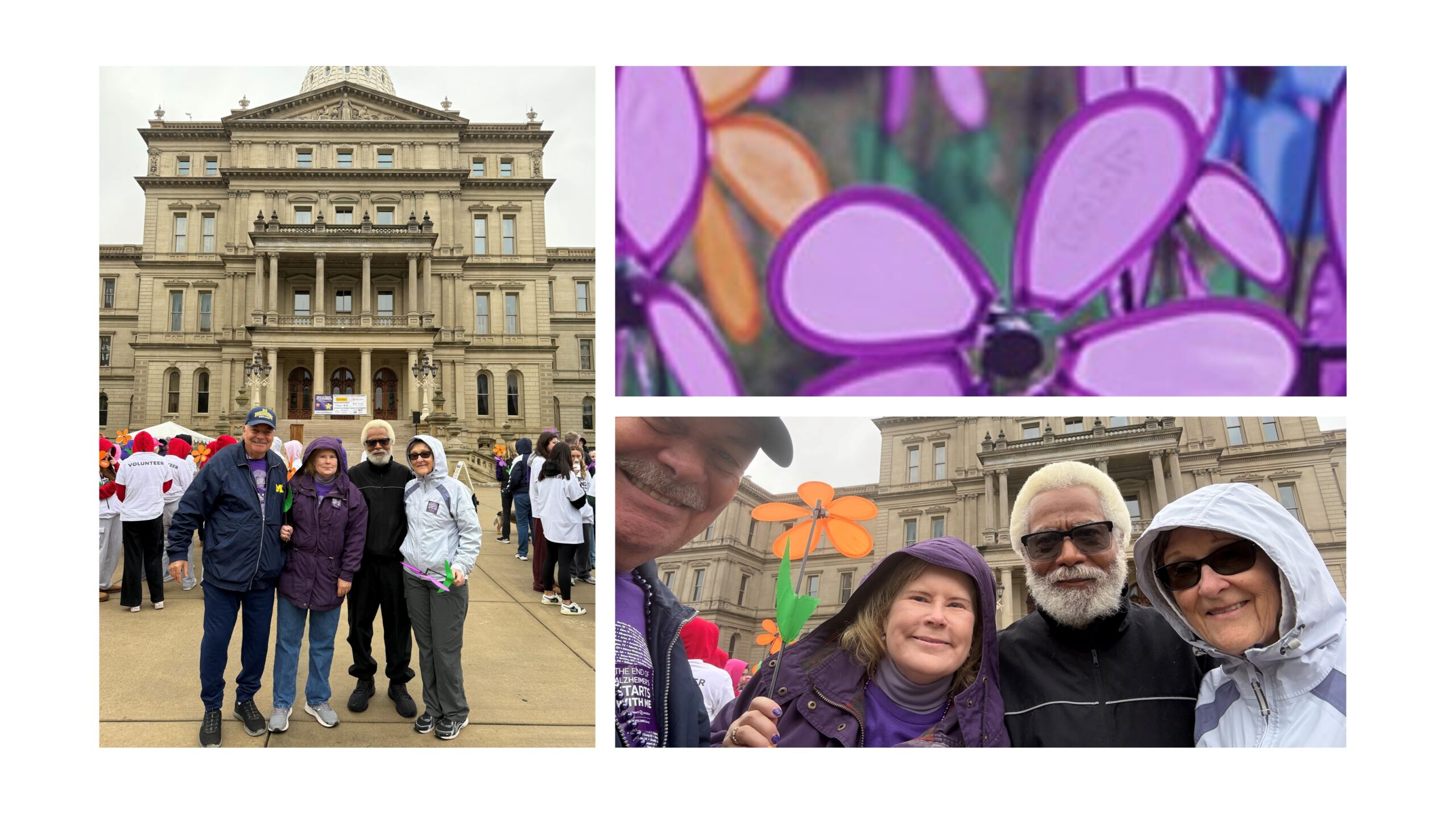 Three pictures. One of colored flowers for Alzheimer's and two pictures of NARFE Lansing Team members, one up close and the other in front of State Capitol.