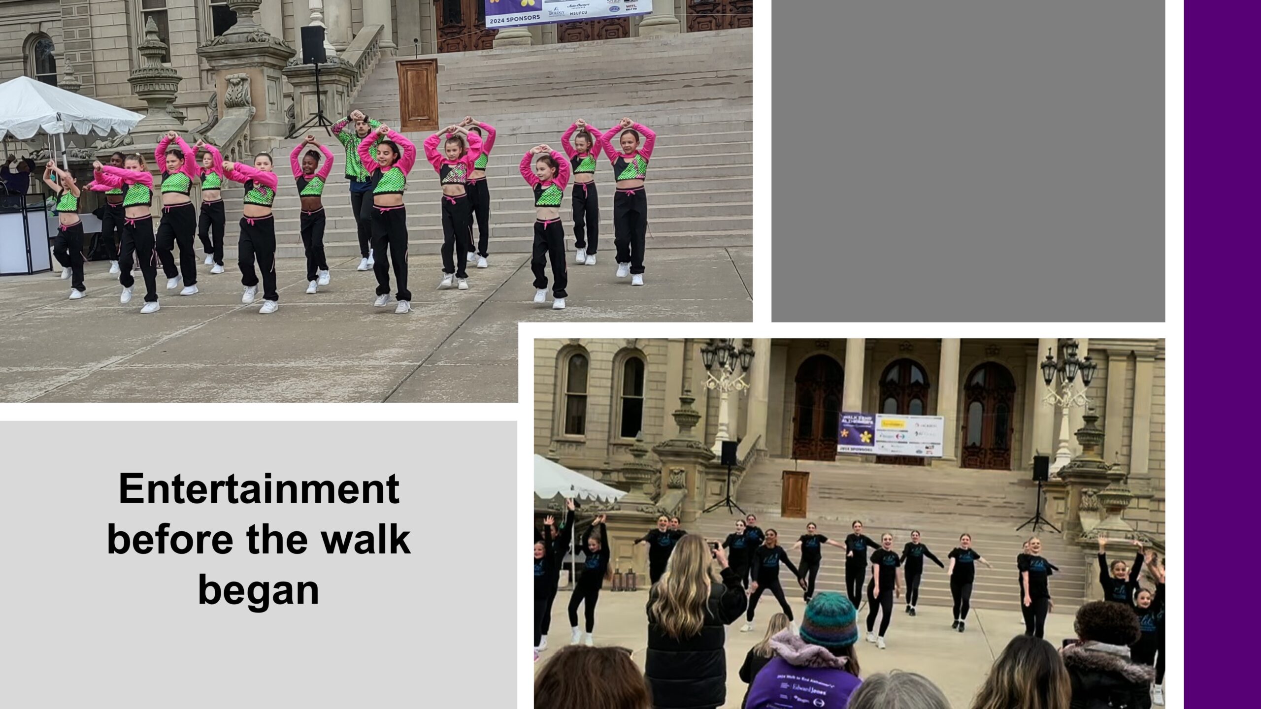 two pictures of young people performing at the opening of the Walk to End Alzheimer's Event