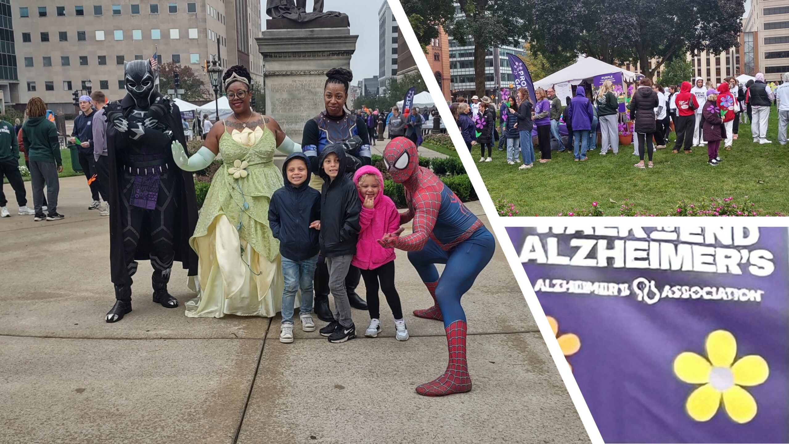 Three pictures - one of special visitors greeting children at the Alzheimer's Event, one of attendees visiting before the ceremony begins to start the event and Alzheimer's logo.