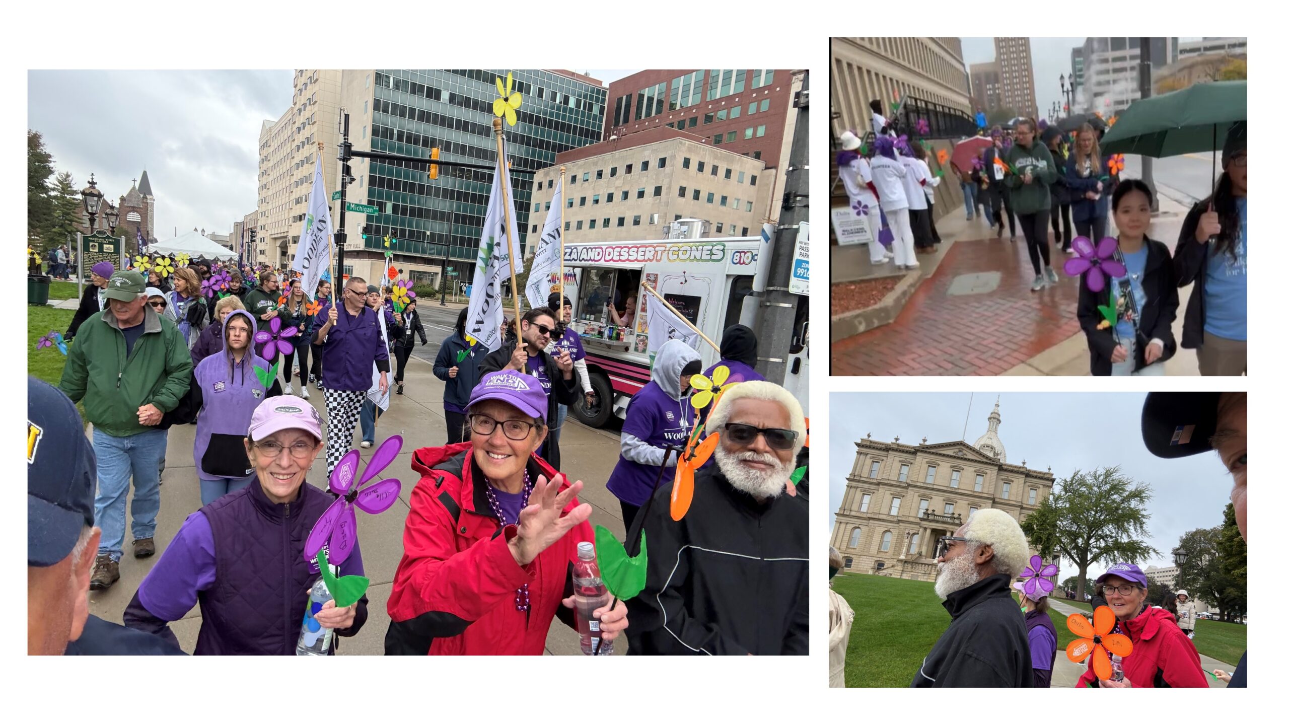 Three pictures of team members walking the selected areas for the Walk to End Alzheimer's.