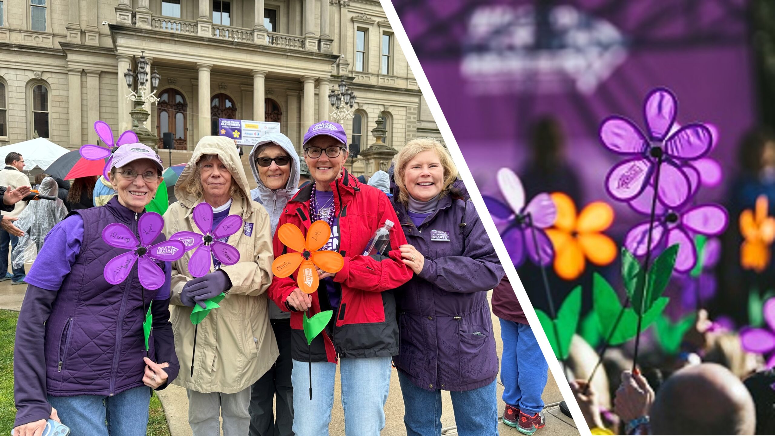 Flowers symbolizing Alzheimer's and picture of team members who walk to route to Walk to End Alzheimer's.