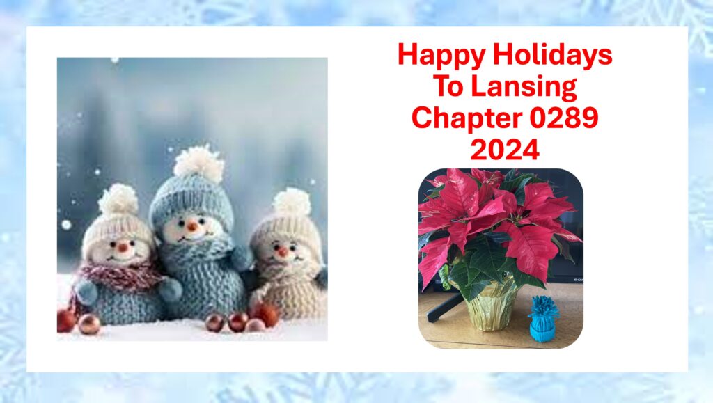 Picture has Holiday Greeting text with a picture of three small snowmen in knit outfits and a picture of poinsettia with a little knit cap beside it that was a gift to each attendee.