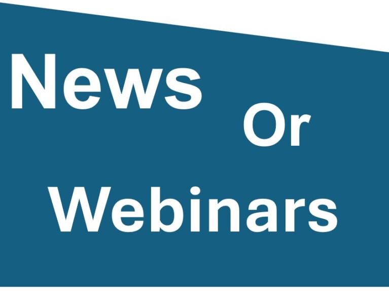 Odd shaped blue background with words News or Webinars on it