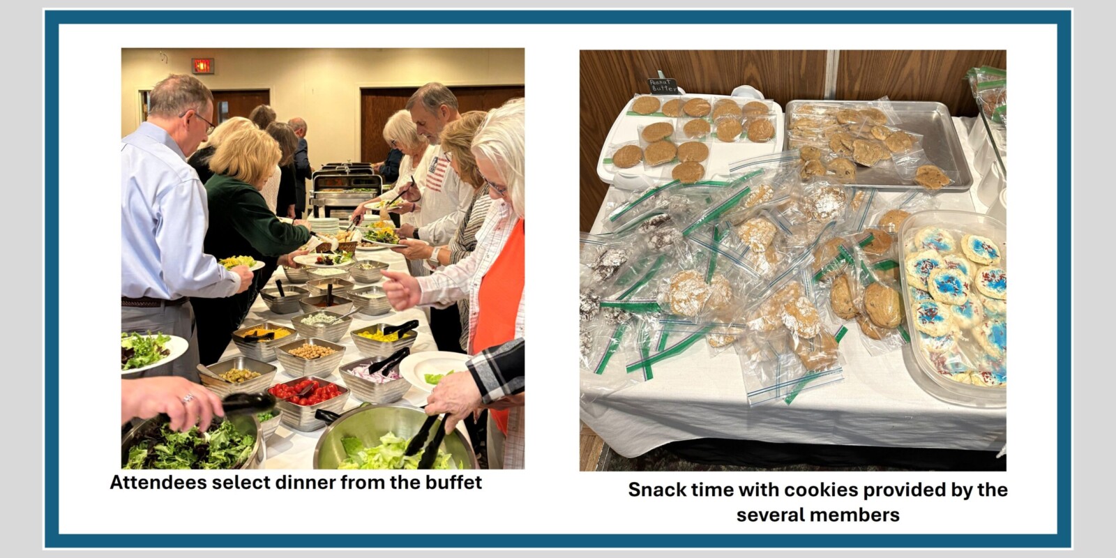 Two pictures - attendees at buffet table selecting food and table of cookies
