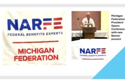 Two pictures - Michigan Federation President Opening the Conference and the new Michigan Banner