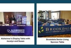 Two pictures - Alzheimer Display table with two representatives and Brookdale Senior Living Sponsor Display table