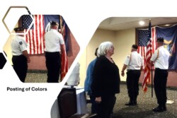 Two pictures of military posting of colors while attendees stand in honor.