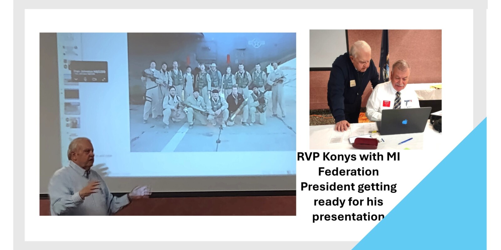 Two pictures with RVP Konys speaking and preparing slides on computer