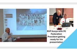 Two pictures with RVP Konys speaking and preparing slides on computer