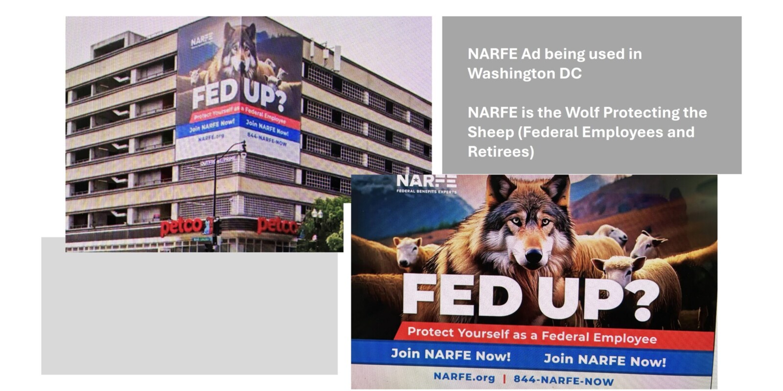 Two pictures showing ad on a building and closeup of the ad.