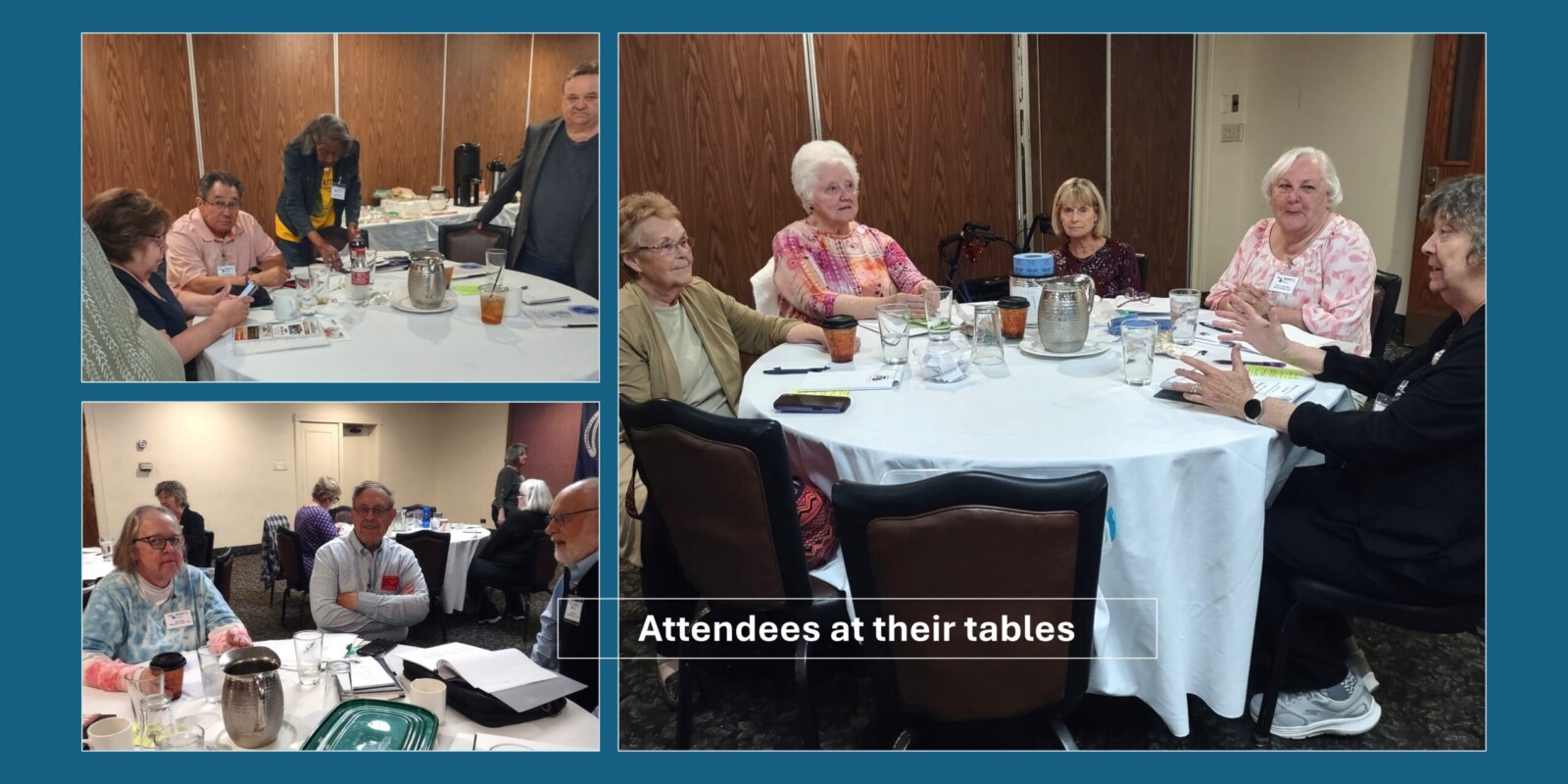 Three pictures of conference attendees sitting at their table.
