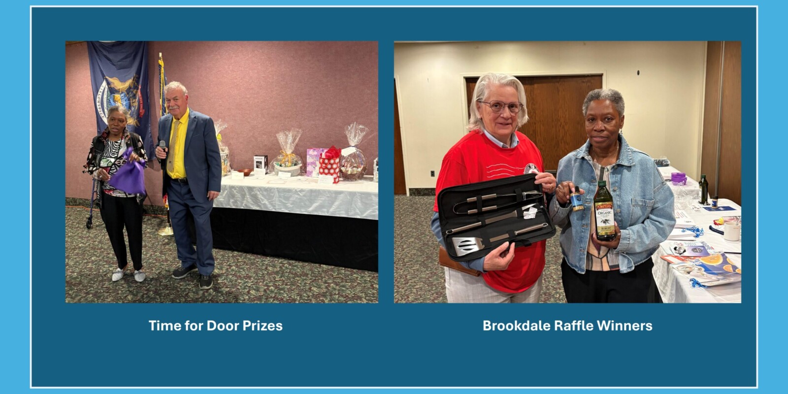 Two pictures - one shows door raffle prizes and other the two winners of Brookdale Raffle.