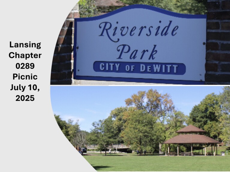 2 pictures, one entrance sign for Riverside Park second of the pavilion at the park