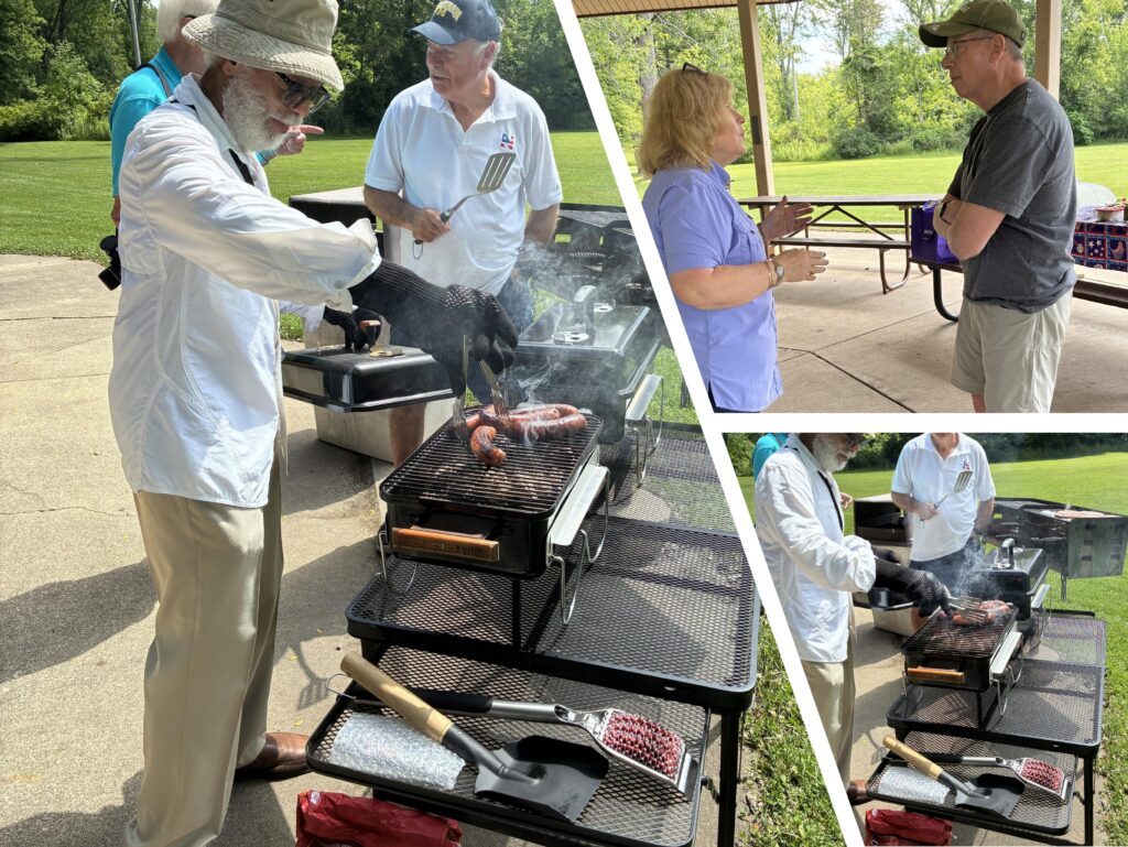 Three pictures in different shapes showing grilling meat for picnic