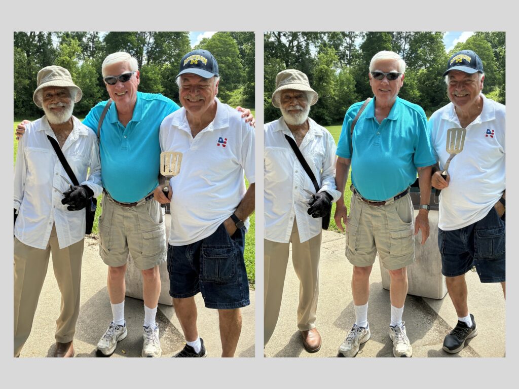Three attendees at picnic pose in two pictures