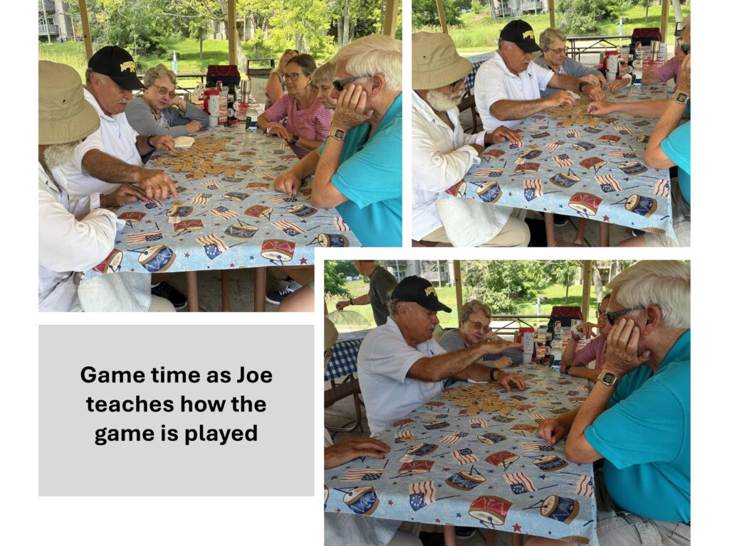 3 pictures of picnic attendees at table playing game