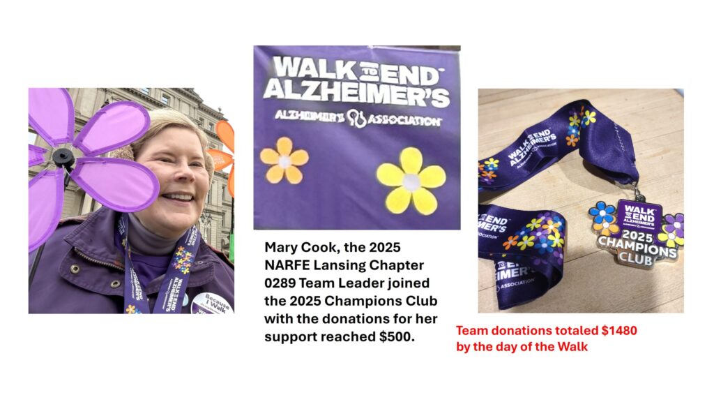 Team leader, Alzheimer's Logo and necklace with pendant indicating 2025 Champions Club she received