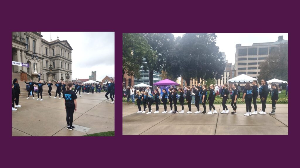Two pictures of Alzheimer's Event performers prior to start of Walk