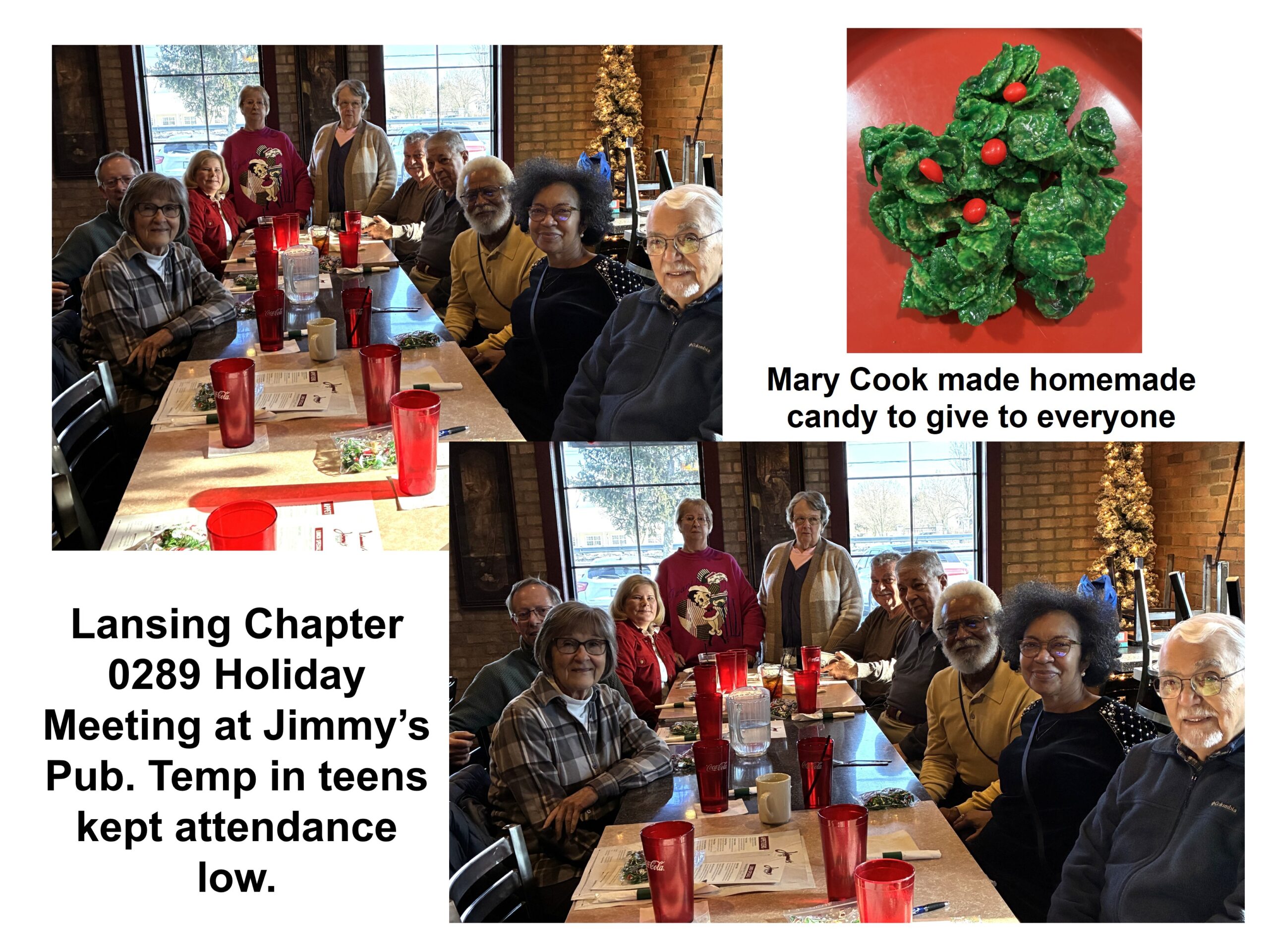 Two group pictures of Holiday meeting and small picture of homemade candy passed out.