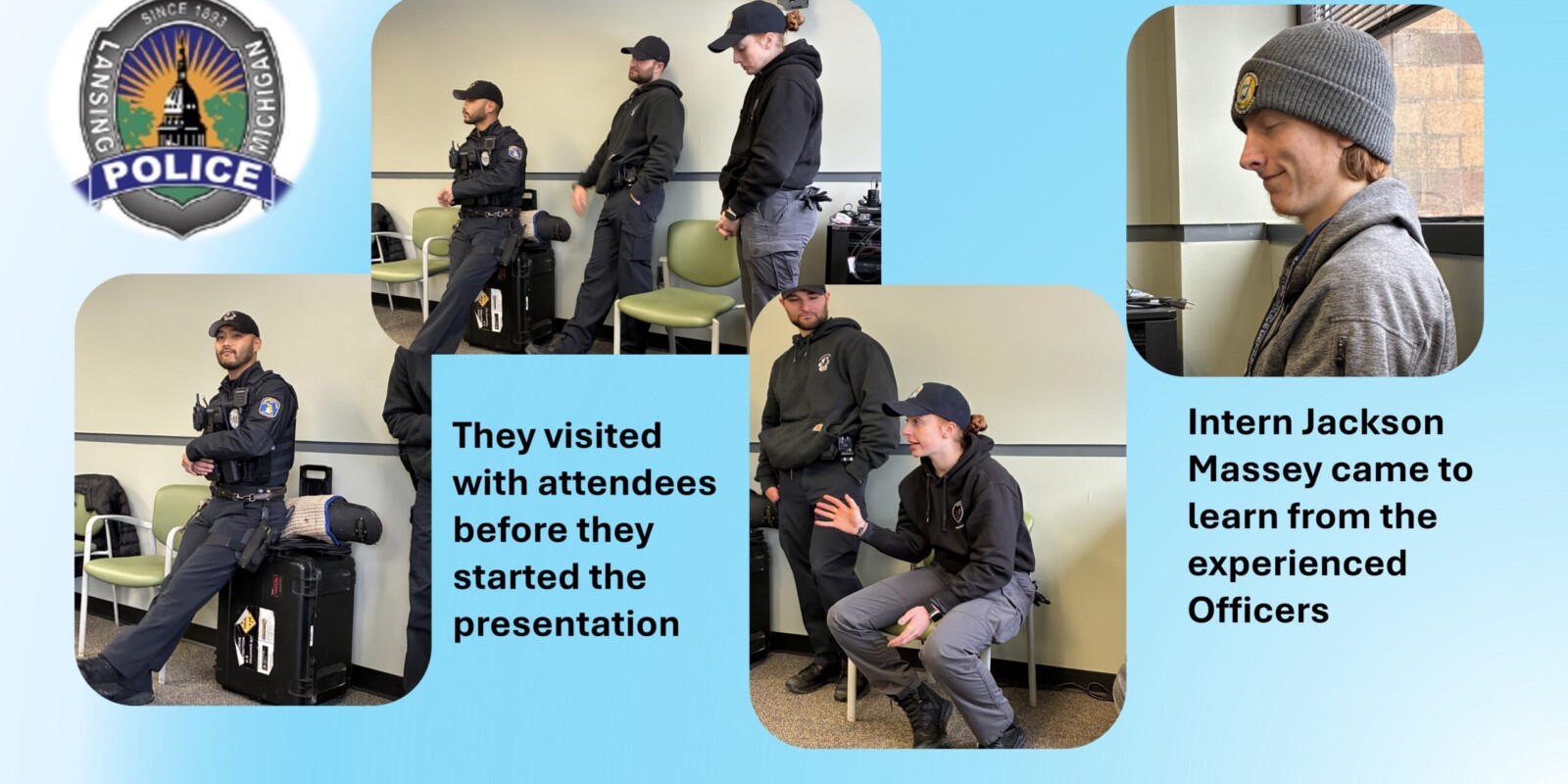 Officers causally visiting with attendees before starting presentation