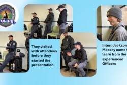 Officers causally visiting with attendees before starting presentation