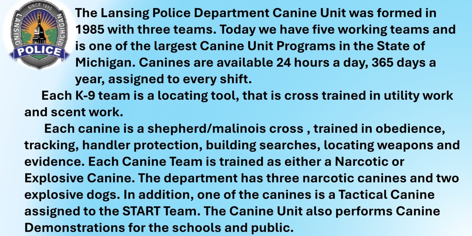 Lansing Police Department Logo with text about the K-9 Unit