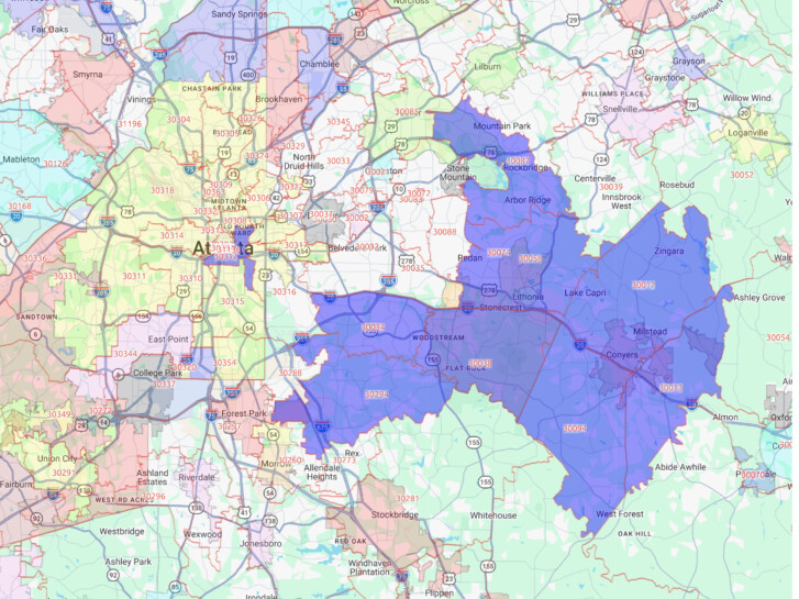 Map of the Atlanta Metropolitan Area with Zip Codes 30034, 30038, 30294, 30013, 30058, 30087, 30094, 30312 and others shaded