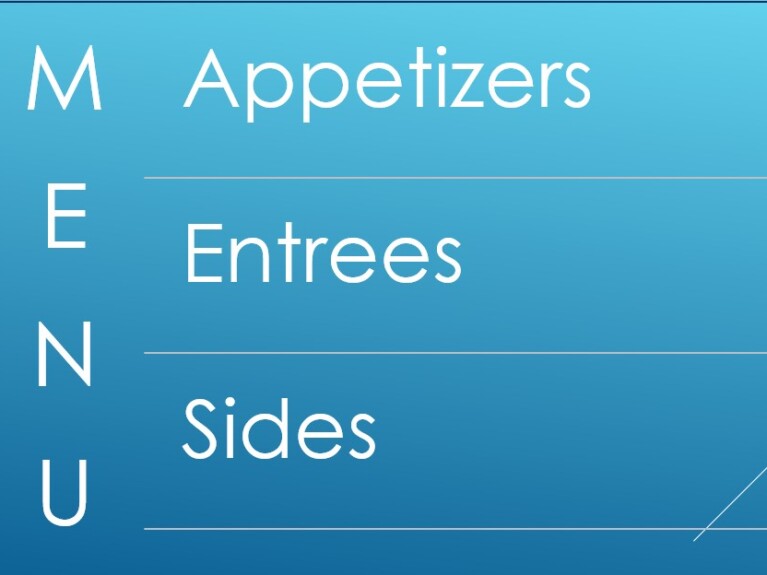 list of menu categories