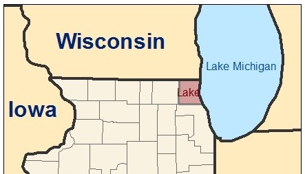 sketch of Iowa on the left, Wisconsin at the top, and Lake Michigan to the right with Lake County bordering Wisconsin and Lake Michigan