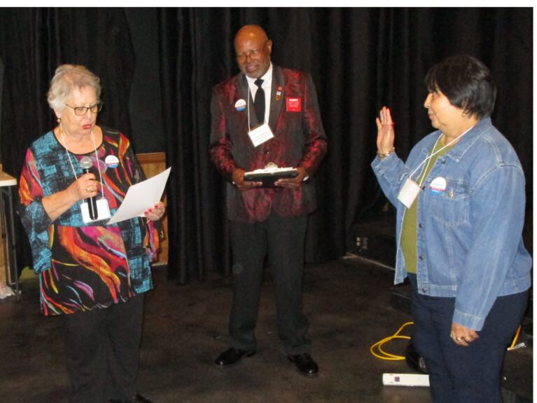 Maria Preda (right) of NARFE New Braunfels Chapter 0672 is sworn in by South Texas Area Vice President Dora Benavides as District 5 Representative (left) effective July 1, 2025, for a two-year term as Steven Johnson, Texas Federation Secretary (center) looks on.