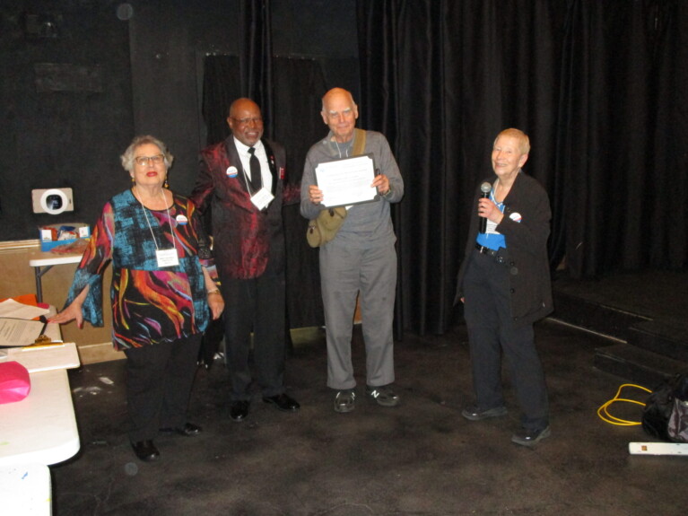 Raymond "Chip" Franck of NARFE New Braunfels Chapter 0672 (second from right) receives an award certificate from Dorothy Creswell (right). From left, Dora Benavides, Steven Johnson, Franck, and Creswell.
