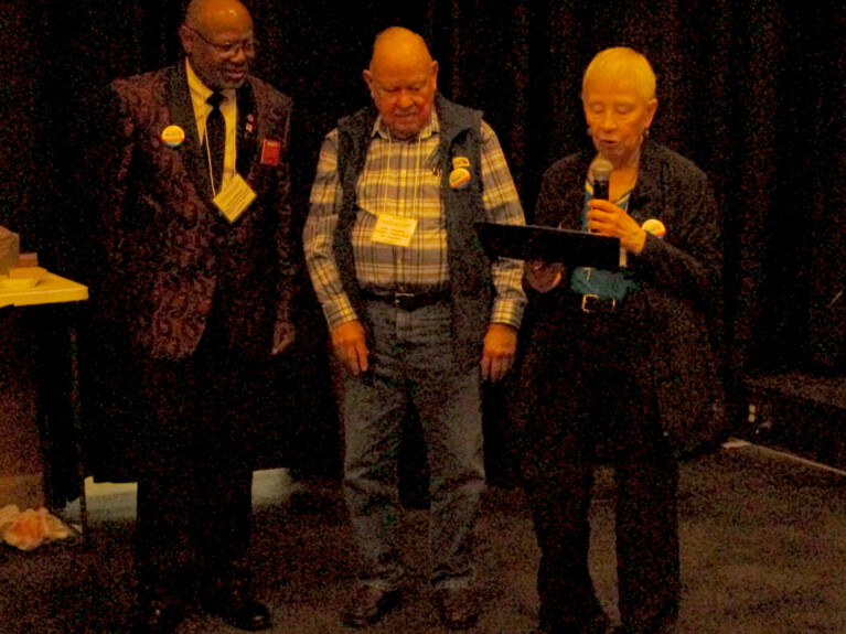 Carl Englerth (center) President of NARFE New Braunfels Chapter 0672 receives award certificates for those absent from Dorothy Creswell, Texas Federation District 5 Representative (right). From left: Steven Johnson, Englerth, and Creswell.