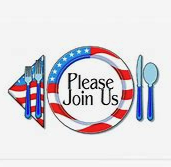 A picture of a place setting decorated in red white and blue, with the label Please Join Us on the plate.