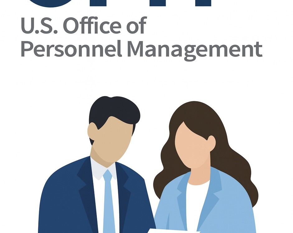 Here is a graphic showing the letters OPM and some people looking at a page.