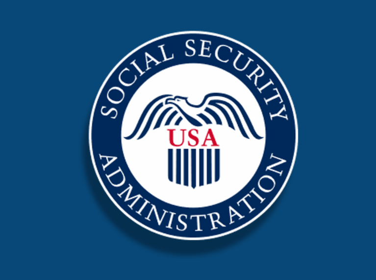 Picture of logo with words Social Security Administration around it, an eagle and words USA in the middle