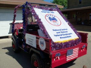 View of back of decorated farm vehicle