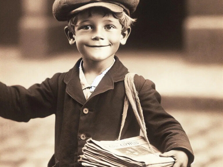Smiling old-time newsboy