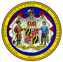 Medallion featuring a coronet, a full-faced helmet, a plowman with a spade and a fisherman with a fish each with a hand on a shield with the Maryland flag on it