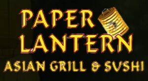 Yellow Paper Lantern on black background Asian Grill & Sushi logo