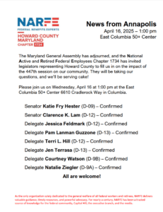NARFE Chapter 1734 flyer on April 16, 2025 meeting with legislators