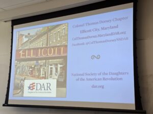Slide with contact information for the Howard County Daughters of the American Revolution COL Thomas Dorsey