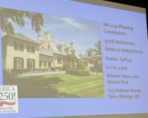 Slide showing manor home and HoCo250 planning information