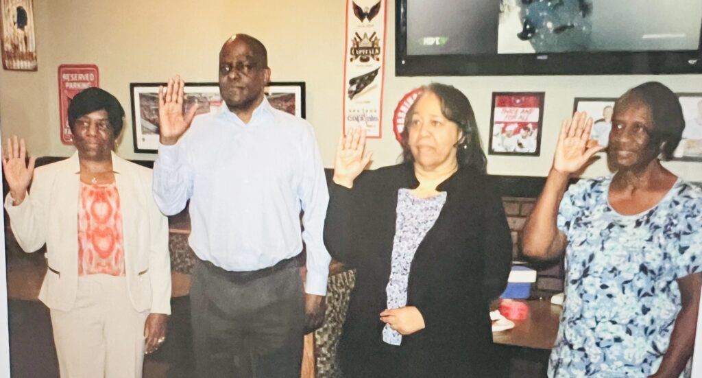 From left, Chapter President Angela Hyman, Vice President Gerald Williams, Treasurer Vanessa Washington and Assistant Treasurer Louise Cole are sworn in at the Ledo's Luncheon, June 2023, by Maryland Federation President Gary Roundtree; not in photo